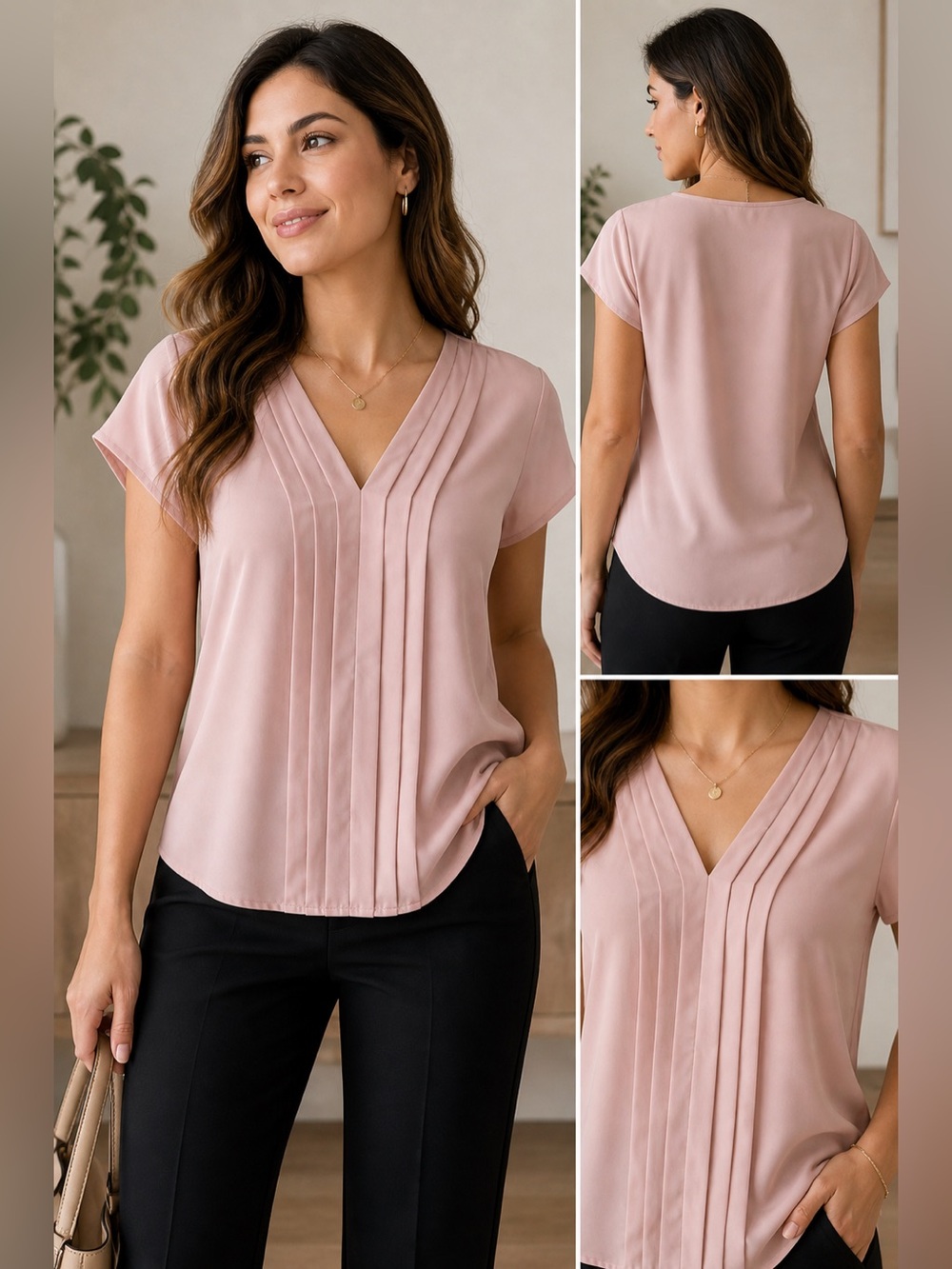 Premise Studio Blush Pink Pleated Blouse – Elegant V-Neck Top Size S
